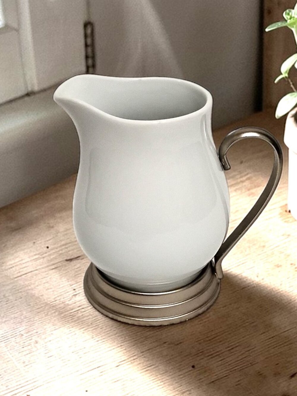 Vintage White Ceramic & Silver Metal 5" Small Creamer Syrup Pitcher